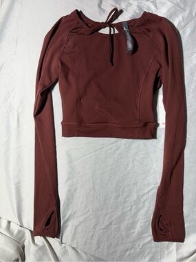 Long-Sleeve Crop Top in Deep Burgundy with Back Tie